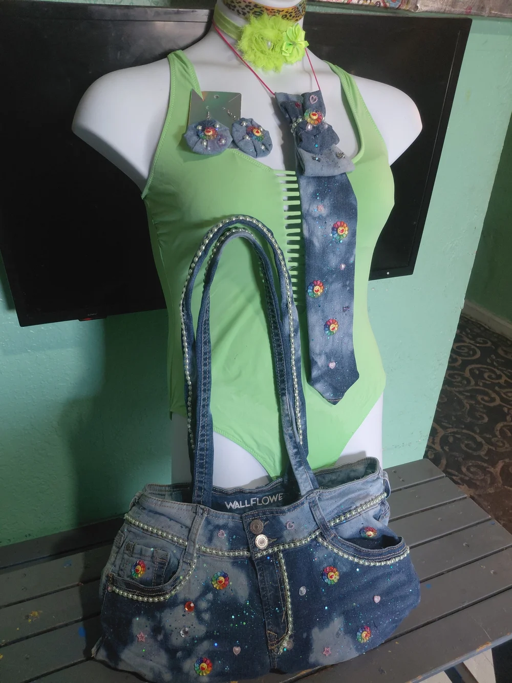 Wallflower Denim Tote with Decorative Embellishments - Green/Blue